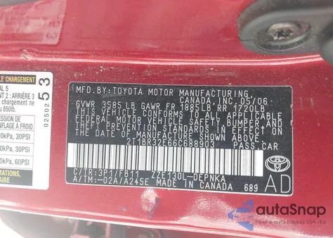 2006 Toyota Corolla Le z USA, uszkodzony, nr VIN 2T1BR32E66C688903